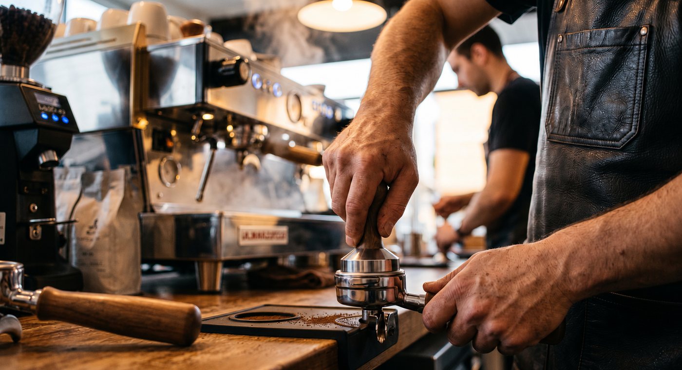 Barista hands tamping espresso