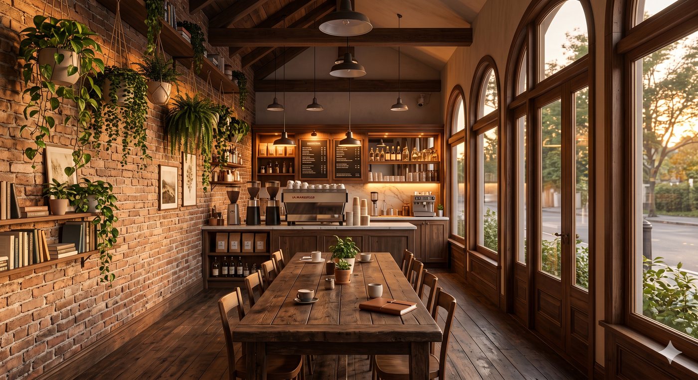 Warm cafe interior with wood tables and plants