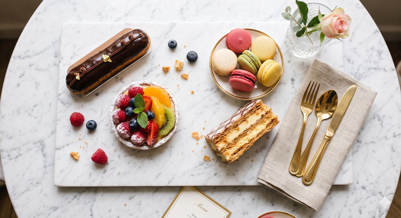 Luxury pastry flat lay on marble