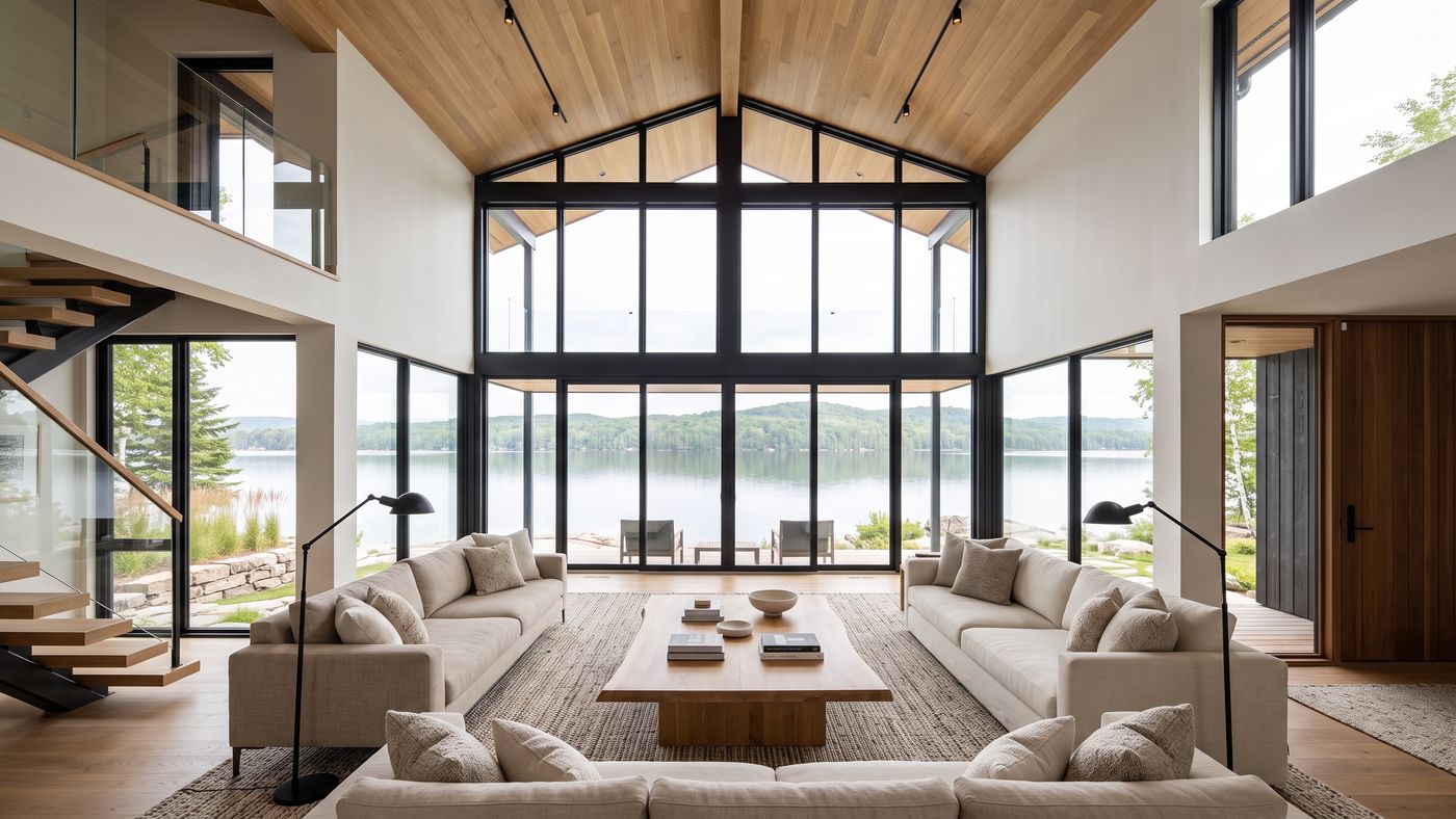 Alder Bluff great room - double height space with a wall of black-framed glass to the lake