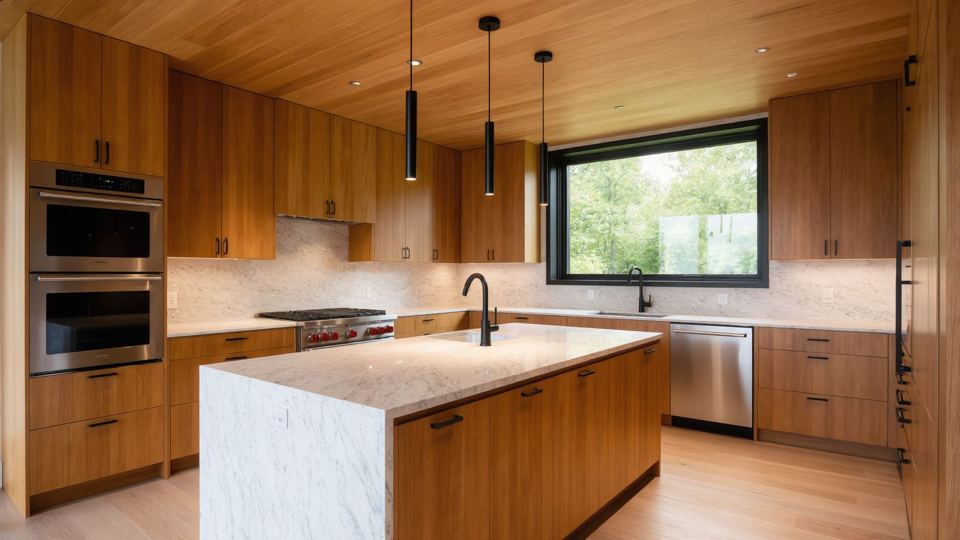 Alder Bluff kitchen - white oak cabinetry and a pale stone waterfall island