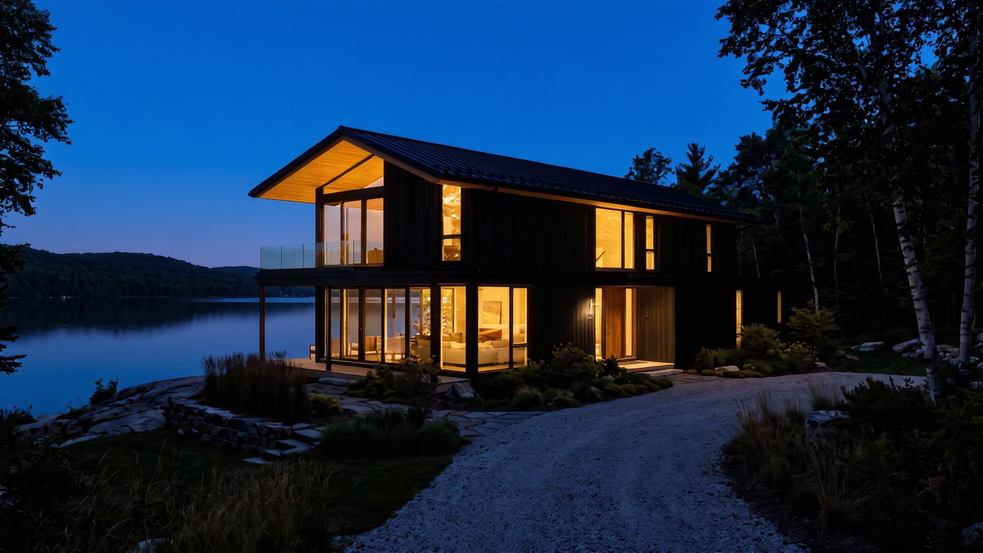 Alder Bluff at dusk - warm interior light through the glass at blue hour