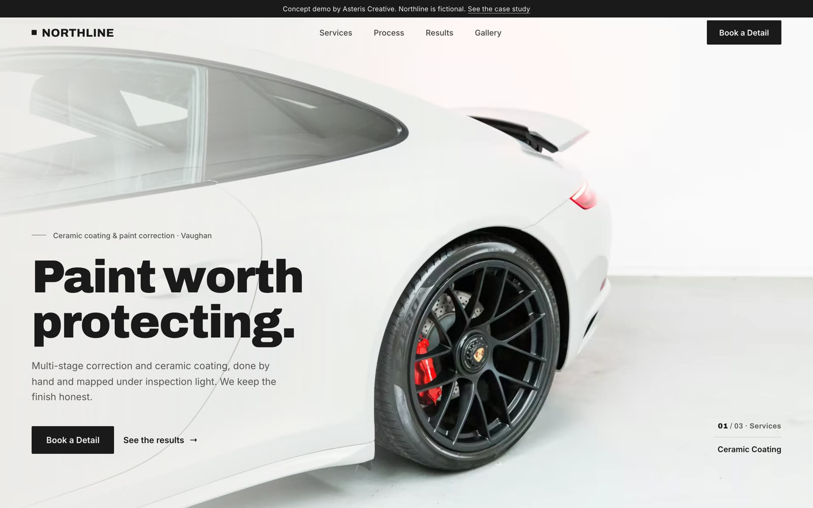 The rebuilt Northline site: a bright detailing studio, black headline reading Paint worth protecting, on a warm off-white background
