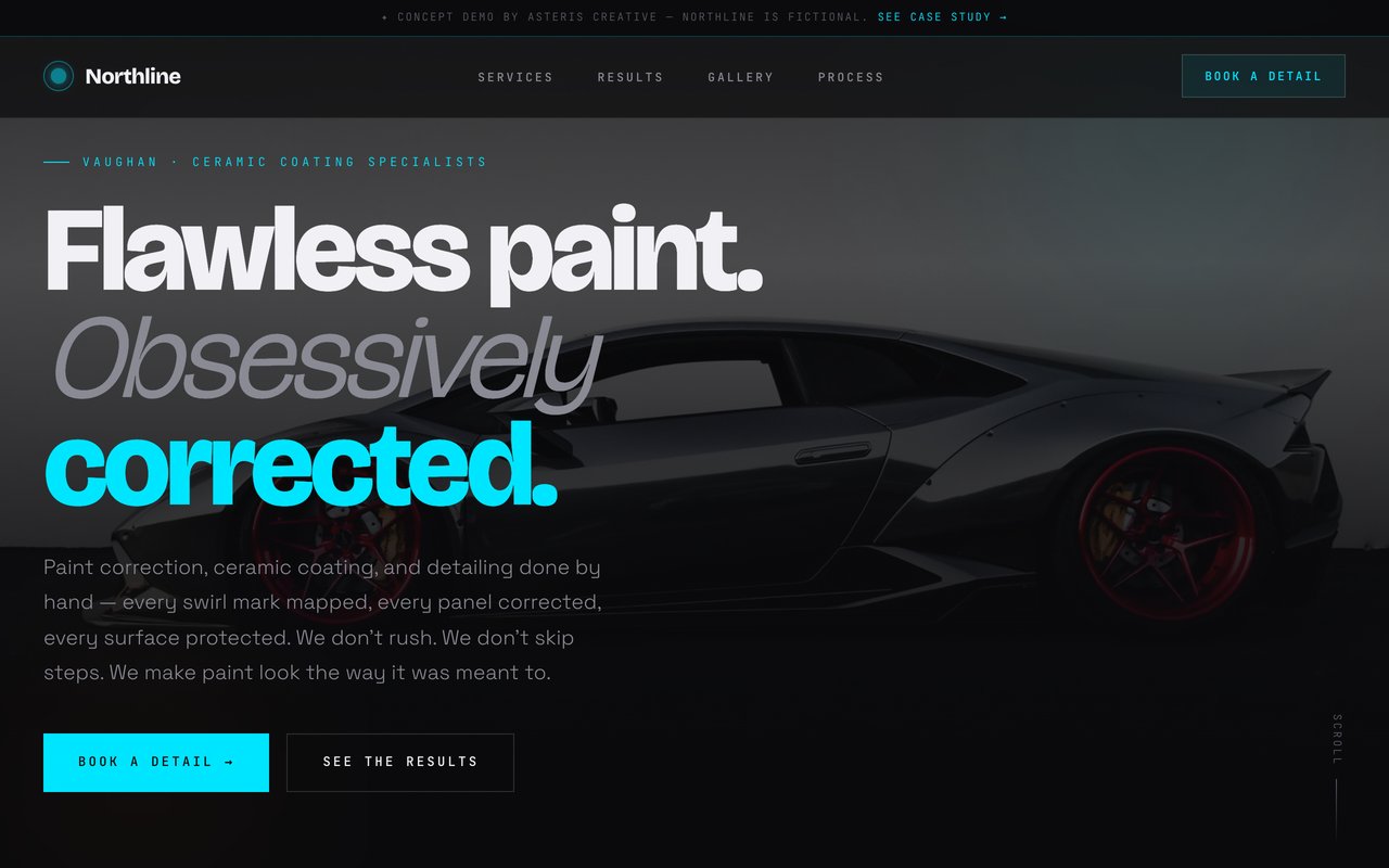 The first version of the Northline concept site: near-black background, electric cyan headline, a Lamborghini in shadow