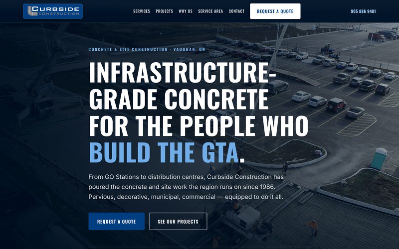 Curbside Construction website - construction company homepage