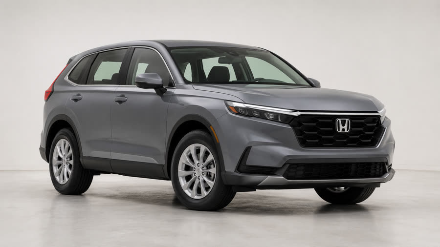 A grey compact SUV in a bright, high-key studio